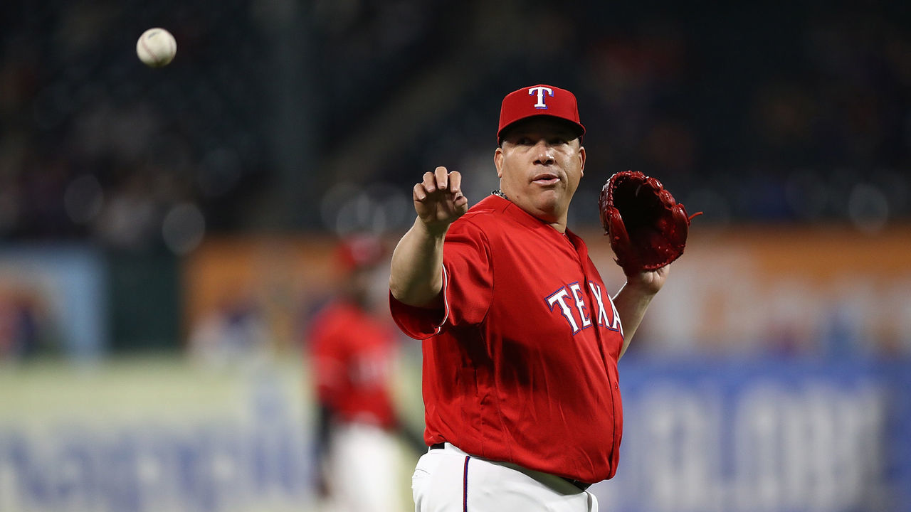 ARLINGTON, TX - APRIL 10: Bartolo Colon #40 of the Texas Rangers throws against the Los Angeles Angels in the seventh inning at Globe Life Park in Arlington on April 10, 2018 in Arlington, Texas.