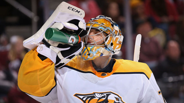 GLENDALE, AZ - JANUARY 04: Goaltender Juuse Saros #74 of the Nashville Predators drinks from a gatorade bottle during the NHL game against the Arizona Coyotes at Gila River Arena on January 4, 2018 in Glendale, Arizona. The Coyotes defeated the Predators 3-2 in overtime.