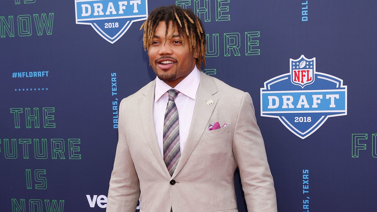 ARLINGTON, TX - APRIL 26: Derrius Guice of LSU poses on the red carpet prior to the start of the 2018 NFL Draft at AT&T Stadium on April 26, 2018 in Arlington, Texas.