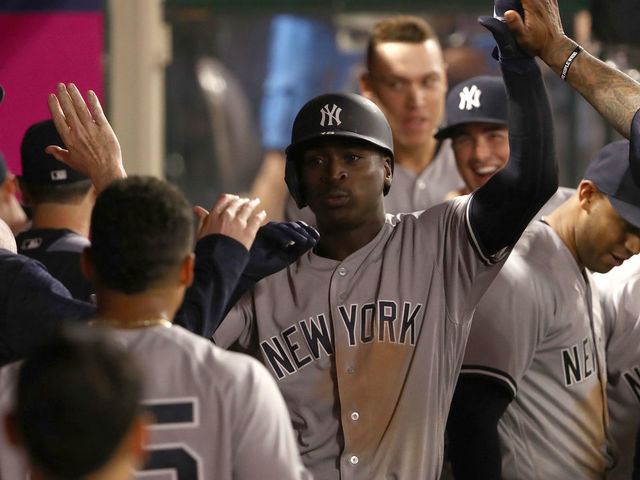 New York Yankees shortstop Didi Gregorius (18) celebrates with