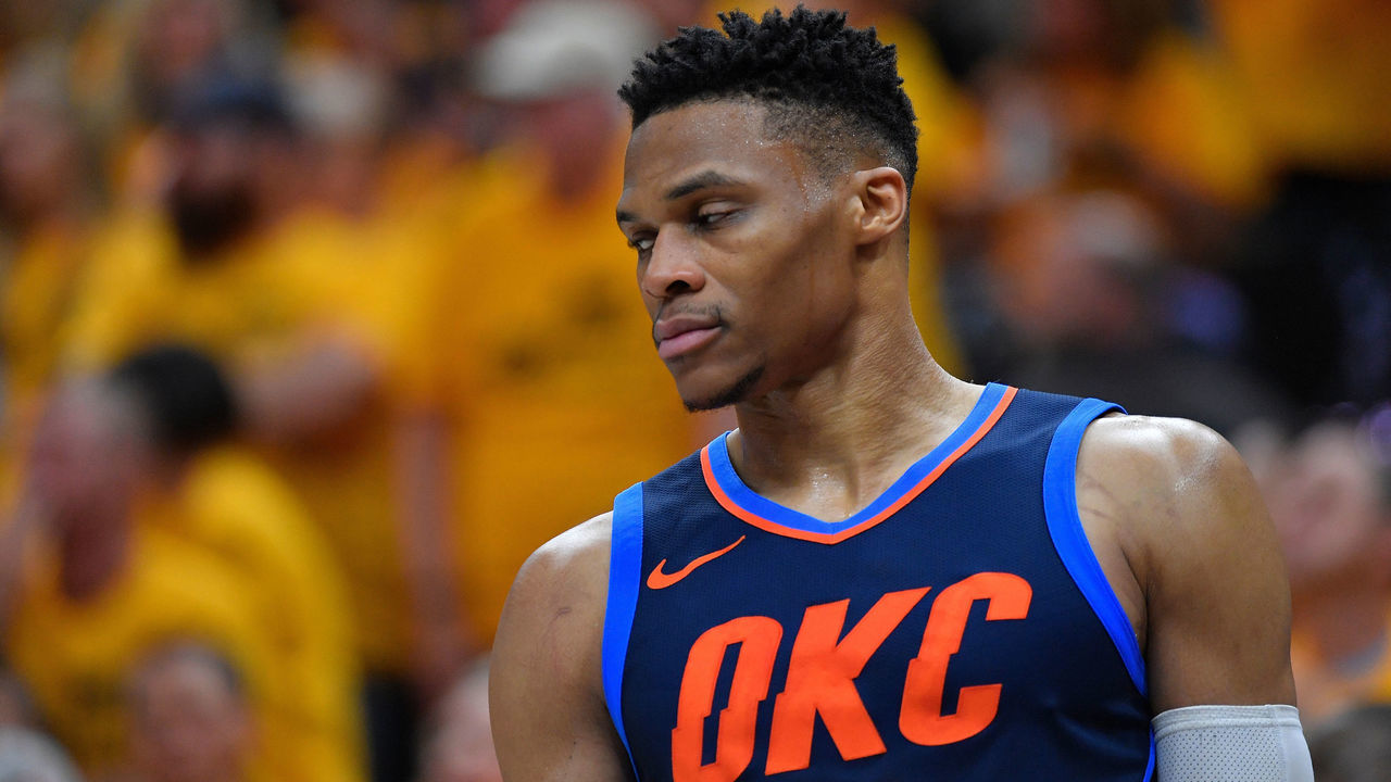 SALT LAKE CITY, UT - APRIL 27: Russell Westbrook #0 of the Oklahoma City Thunder looks down in the second half during Game Six of Round One of the 2018 NBA Playoffs against the Utah Jazz at Vivint Smart Home Arena on April 27, 2018 in Salt Lake City, Utah. The Jazz beat the Thunder 96-91 to advance to the second round of the NBA Playoffs.