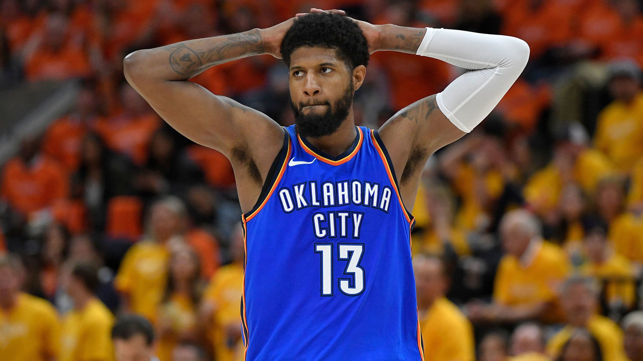 SALT LAKE CITY, UT - APRIL 21: Paul George #13 of the Oklahoma City Thunder reacts to a call in the second half during Game Three of Round One of the 2018 NBA Playoffs against the Utah Jazz at Vivint Smart Home Arena on April 21, 2018 in Salt Lake City, Utah. The Jazz beat the Thunder 115-102.