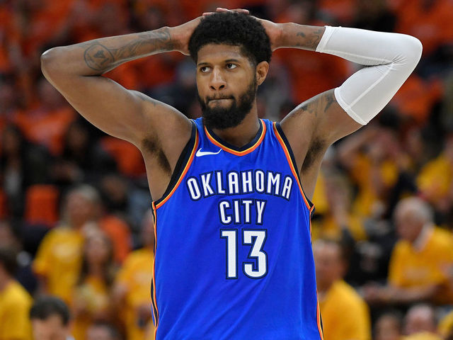 SALT LAKE CITY, UT - APRIL 21: Paul George #13 of the Oklahoma City Thunder reacts to a call in the second half during Game Three of Round One of the 2018 NBA Playoffs against the Utah Jazz at Vivint Smart Home Arena on April 21, 2018 in Salt Lake City, Utah. The Jazz beat the Thunder 115-102.