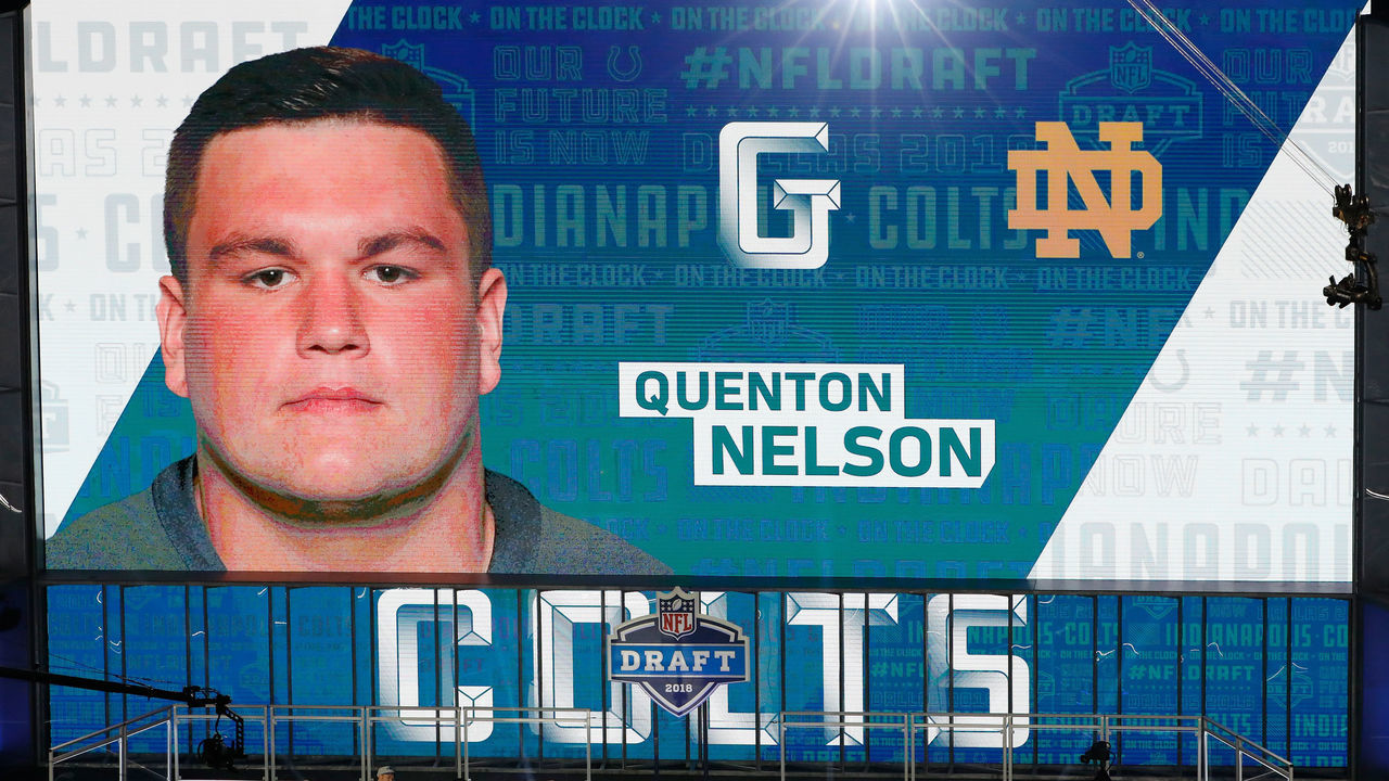 ARLINGTON, TX - APRIL 26: A video board displays an image of Quenton Nelson of Notre Dame after he was picked #6 overall by the Indianapolis Colts during the first round of the 2018 NFL Draft at AT&T Stadium on April 26, 2018 in Arlington, Texas.
