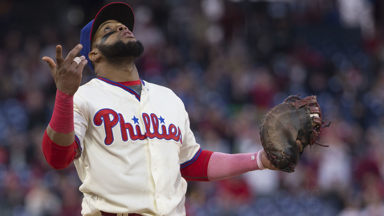 PHILADELPHIA, PA - APRIL 21: Carlos Santana #41 of the Philadelphia Phillies reacts after recording the final out of the game against the Pittsburgh Pirates at Citizens Bank Park on April 21, 2018 in Philadelphia, Pennsylvania. The Phillies defeated the Pirates 6-2.