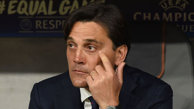Sevilla's Italian coach Vincenzo Montella waits on the bench prior to the UEFA Champions League quarter-final second leg football match between FC Bayern Munich and Sevilla FC on April 11, 2018 in Munich, southern Germany. Bayern Munich marched into another Champions League semi-final despite 10-man Sevilla holding them to a goalless draw at home. / AFP PHOTO / Christof STACHE