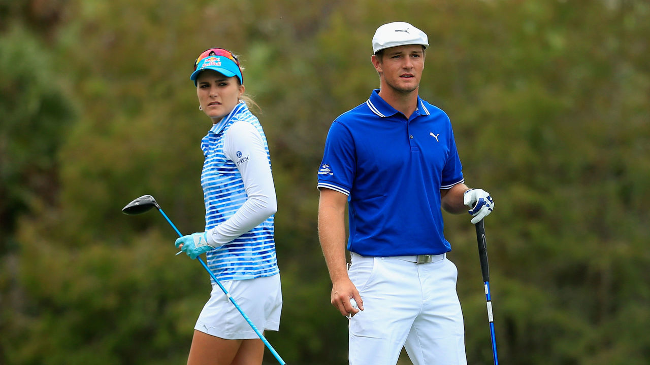 NAPLES, FL - DECEMBER 10:(L) Lexi Thompson and her playing partner (R) Bryson DeChambeau stand on the fourth tee box during the final round of the Franklin Templeton Shootout at Tiburon Golf Club on December 10, 2016 in Naples, Florida.