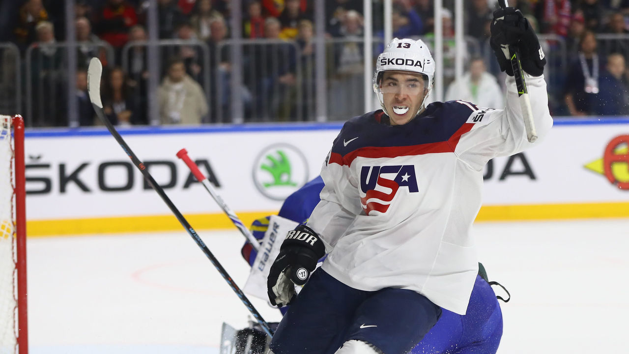 COLOGNE, GERMANY - MAY 08: Johnny Gaudreau of USA celebrates scoring his team's second goal during the 2017 IIHF Ice Hockey World Championship game between USA and Sweden at Lanxess Arena on May 8, 2017 in Cologne, Germany.