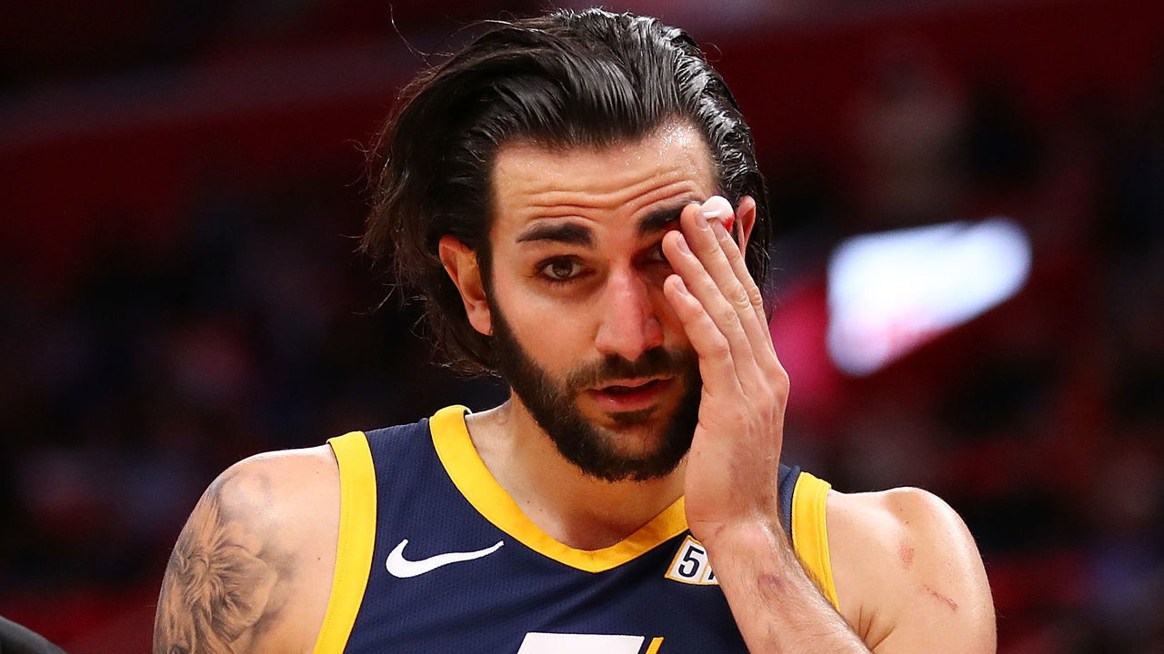 DETROIT, MI - JANUARY 24: Ricky Rubio #3 of the Utah Jazz leaves the floor in the second half with a cut over his left eye while playing the Detroit Pistons at Little Caesars Arena on January 24, 2018 in Detroit, Michigan. Utah won the game 98-95 in overtime.
