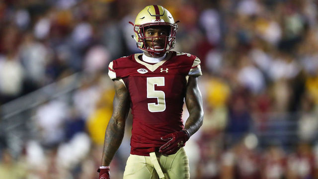 CHESTNUT HILL, MA - OCTOBER 07: Kamrin Moore #5 of the Boston College Eagles looks on during the game against the Virginia Tech Hokies at Alumni Stadium on October 7, 2017 in Chestnut Hill, Massachusetts.