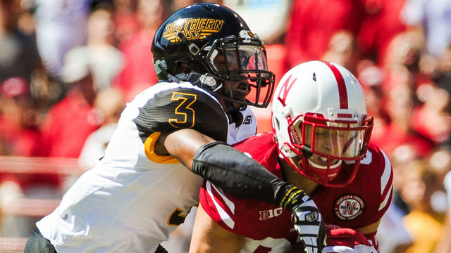 LINCOLN, NE - SEPTEMBER 26: Wide receiver Brandon Reilly #87 of the Nebraska Cornhuskers catches a ball over defensive back Cornell Armstrong #3 of the Southern Miss Golden Eagles during their game at Memorial Stadium on September 26, 2015 in Lincoln, Nebraska.