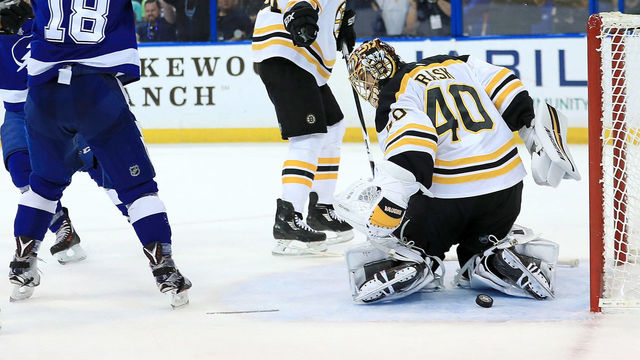 TAMPA, FL - APRIL 28: Ondrej Palat #18 of the Tampa Bay Lightning celebrates a goal by Mikhail Sergachev #98 on Tuukka Rask #40 of the Boston Bruins during Game One of the Eastern Conference Second Round during the 2018 NHL Stanley Cup Playoffs at Amalie Arena on April 28, 2018 in Tampa, Florida.