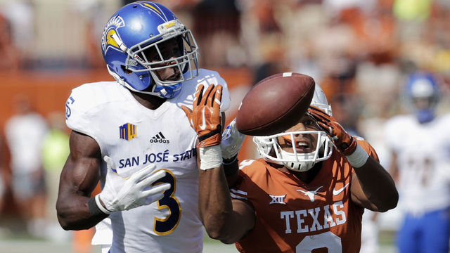 AUSTIN, TX - SEPTEMBER 09: Jermaine Kelly #3 of the San Jose State Spartans defends a pass intended for Collin Johnson #9 of the Texas Longhorns in the third quarter at Darrell K Royal-Texas Memorial Stadium on September 9, 2017 in Austin, Texas.