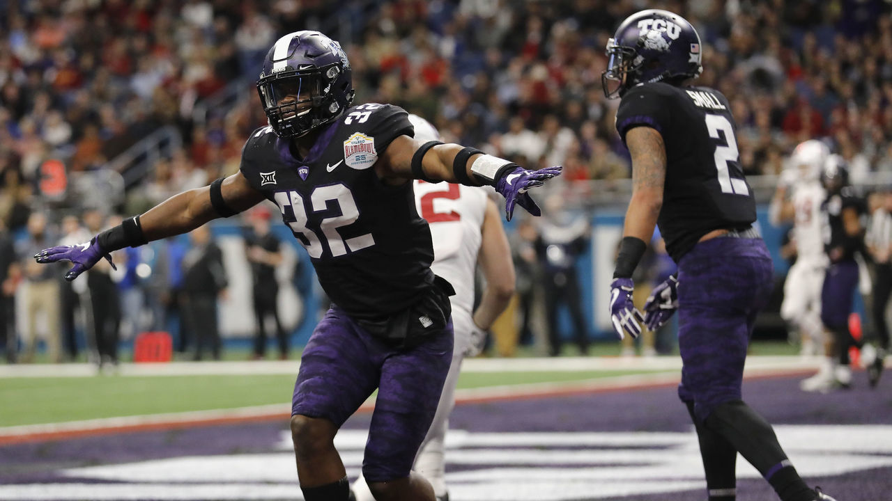 SAN ANTONIO, TX - DECEMBER 28: Travin Howard #32 of the TCU Horned Frogs celebrates after breaking up a pass in the third quarter intended for Kaden Smith #82 of the Stanford Cardinal during the Valero Alamo Bowl at the Alamodome on December 28, 2017 in San Antonio, Texas.