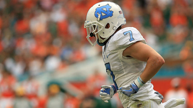 MIAMI GARDENS, FL - OCTOBER 15: Austin Proehl #7 of the North Carolina Tar Heels reacts to a touchdown during a game against the Miami Hurricanes at Hard Rock Stadium on October 15, 2016 in Miami Gardens, Florida.