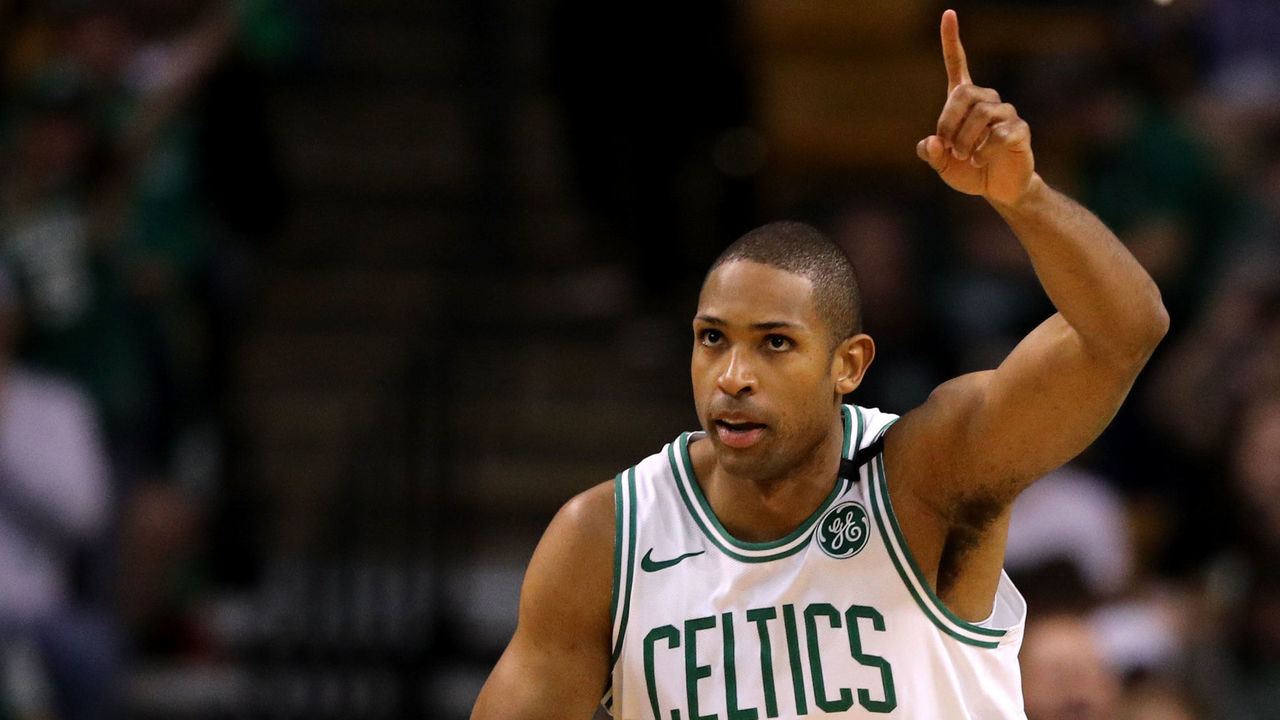 BOSTON, MA - APRIL 28: Al Horford #42 of the Boston Celtics celebrates during the first quarter against the Milwaukee Bucks of Game Seven in Round One of the 2018 NBA Playoffs at TD Garden on April 28, 2018 in Boston, Massachusetts.