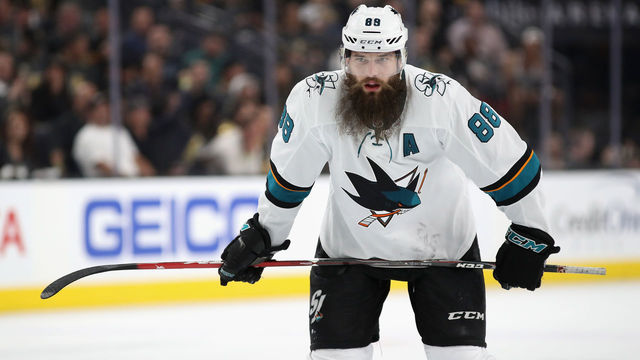 LAS VEGAS, NV - APRIL 26: Brent Burns #88 of the San Jose Sharks awaits a face-off in Game One of the Western Conference Second Round against the Vegas Golden Knights during the 2018 NHL Stanley Cup Playoffs at T-Mobile Arena on April 26, 2018 in Las Vegas, Nevada. The Golden Knights defeated the Sharks 7-0.
