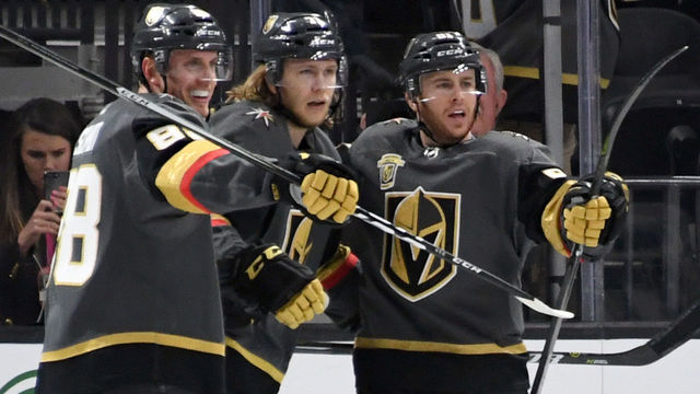 LAS VEGAS, NV - APRIL 28: (L-R) Nate Schmidt #88, William Karlsson #71 and Jonathan Marchessault #81 of the Vegas Golden Knights celebrate after Karlsson scored a first-period goal against the San Jose Sharks in Game Two of the Western Conference Second Round during the 2018 NHL Stanley Cup Playoffs at T-Mobile Arena on April 28, 2018 in Las Vegas, Nevada.