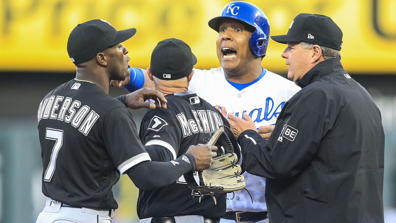 KANSAS CITY, MO - APRIL 28: Salvador Perez #13 of the Kansas City Royals has words with Tim Anderson #7 of the Chicago White Sox at second base during the first inning of game two of a doubleheader at Kauffman Stadium on April 28, 2018 in Kansas City, Missouri.