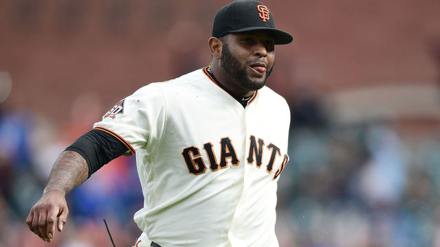 SAN FRANCISCO, CA - APRIL 28: Pablo Sandoval #48 of the San Francisco Giants reacts after pitching against the Los Angeles Dodgers and getting them out in order 1-2-3 in the top of the ninth inning during game one of a doubleheader at AT&T Park on April 28, 2018 in San Francisco, California. The Dodgers won the game 15-6.