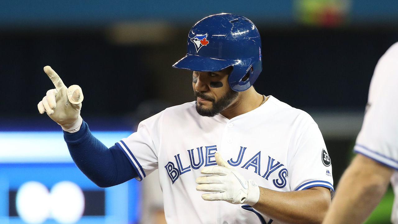 TORONTO, ON - APRIL 1: Devon Travis #29 of the Toronto Blue Jays reacts after hitting an RBI single in the second inning during MLB game action against the New York Yankees at Rogers Centre on April 1, 2018 in Toronto, Canada.