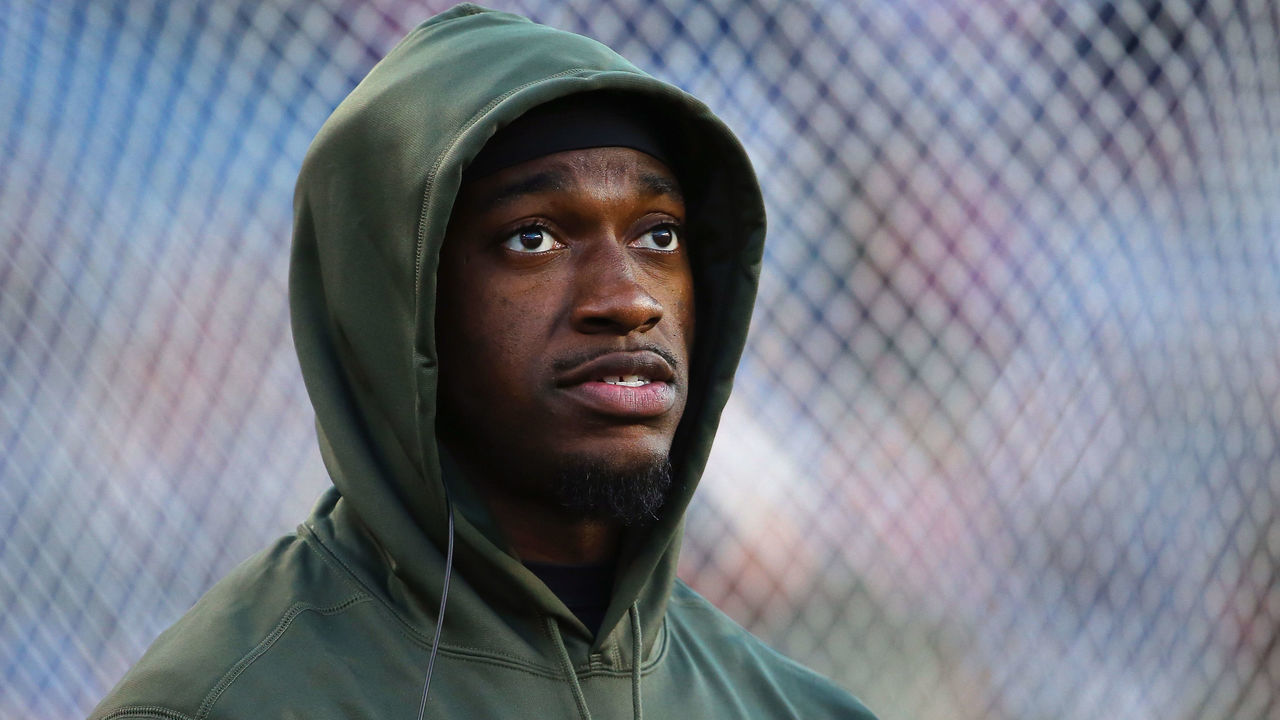 FOXBORO, MA - NOVEMBER 08: Robert Griffin III #10 of the Washington Redskins looks on during the game against the Washington Redskins at Gillette Stadium on November 8, 2015 in Foxboro, Massachusetts.