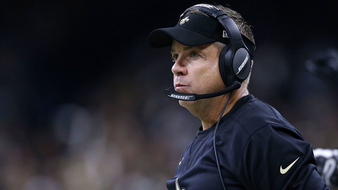 NEW ORLEANS, LA - JANUARY 07: Head coach Sean Payton of the New Orleans Saints reacts during the first half of the NFC Wild Card playoff game against the Carolina Panthers at the Mercedes-Benz Superdome on January 7, 2018 in New Orleans, Louisiana.
