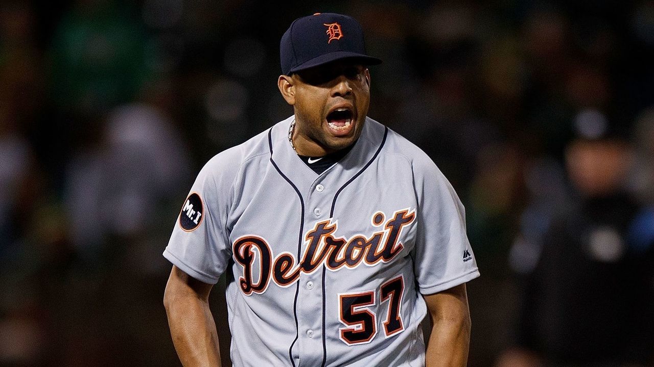 OAKLAND, CA - MAY 06: Francisco Rodriguez #57 of the Detroit Tigers reacts after walking Bruce Maxwell (not pictured) of the Oakland Athletics during the ninth inning at the Oakland Coliseum on May 6, 2017 in Oakland, California. The Oakland Athletics defeated the Detroit Tigers 6-5.