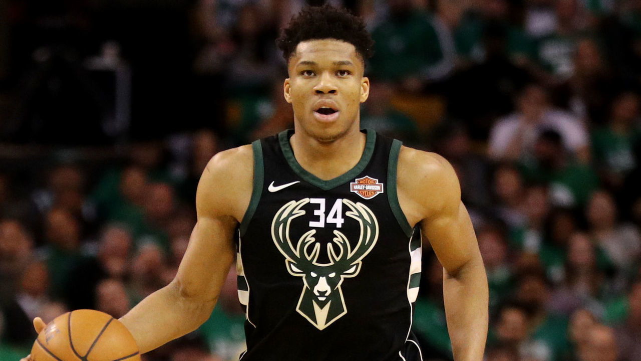BOSTON, MA - APRIL 24: Giannis Antetokounmpo #34 of the Milwaukee Bucks dribbles against the Boston Celtics in Game Five in Round One of the 2018 NBA Playoffs at TD Garden on April 24, 2018 in Boston, Massachusetts.