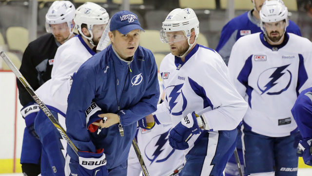 PITTSBURGH, PA - MAY 15: Head coach Jon Cooper of the Tampa Bay Lightning conducts practice during an off-day session prior to Game Two of the Eastern Conference Final against the Pittsburgh Penguins during the 2016 NHL Stanley Cup Playoffs on May 15, 2016 at the Consol Energy Center in Pittsburgh, Pennsylvania.