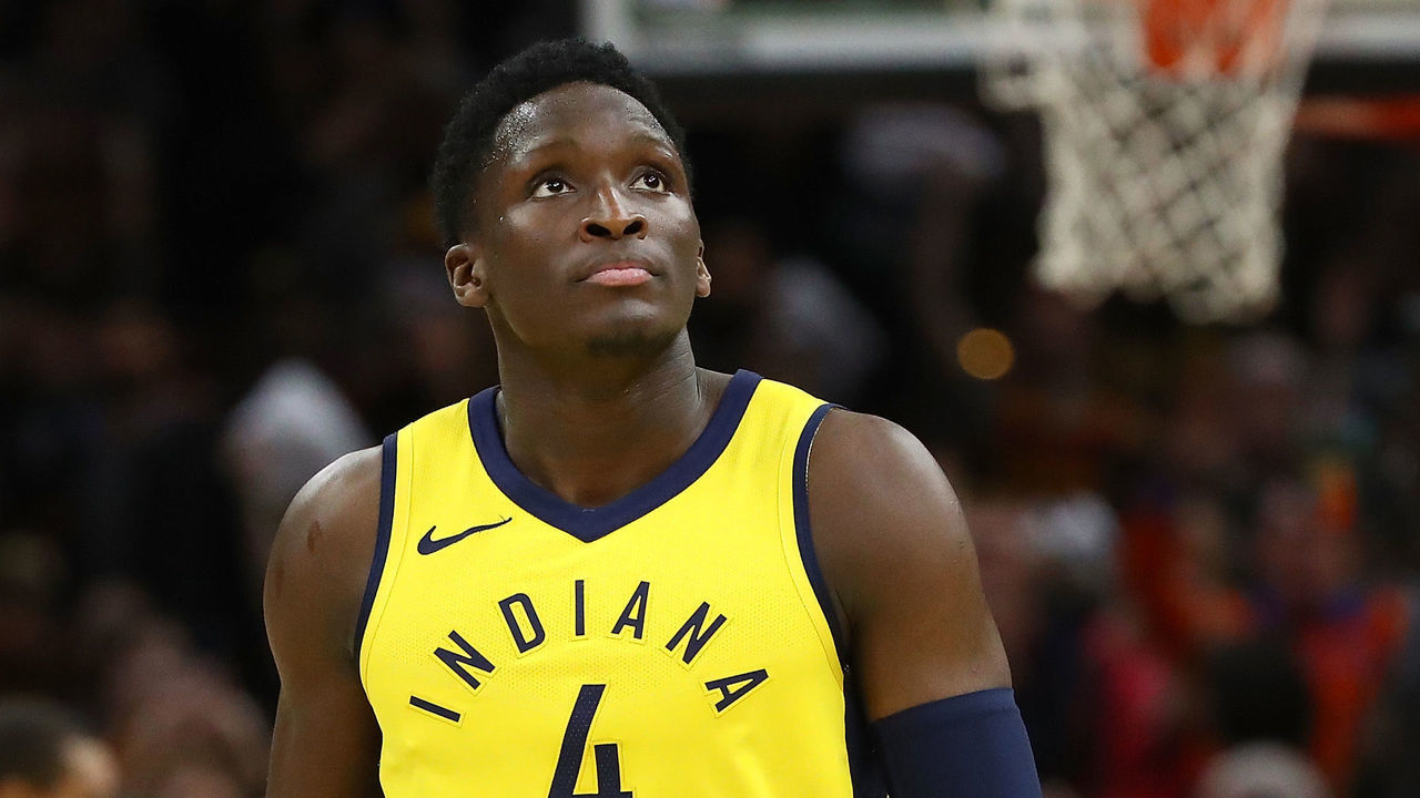CLEVELAND, OH - APRIL 29: Victor Oladipo #4 of the Indiana Pacers looks on late in the fourth quarter while playing the Cleveland Cavaliers in Game Seven of the Eastern Conference Quarterfinals during the 2018 NBA Playoffs at Quicken Loans Arena on April 29, 2018 in Cleveland, Ohio. Cleveland won the game 105-101 to win there series.