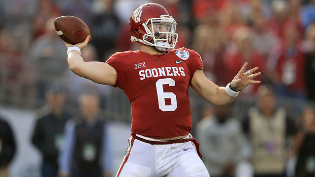 PASADENA, CA - JANUARY 01: Baker Mayfield #6 of the Oklahoma Sooners throws a pass during the 2018 College Football Playoff Semifinal Game against the Georgia Bulldogs at the Rose Bowl Game presented by Northwestern Mutual at the Rose Bowl on January 1, 2018 in Pasadena, California.