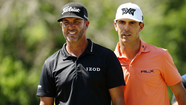 AVONDALE, LA - APRIL 29: Billy Horschel and Scott Piercy react to their shot on the 10th hole during the final round of the Zurich Classic at TPC Louisiana on April 29, 2018 in Avondale, Louisiana.