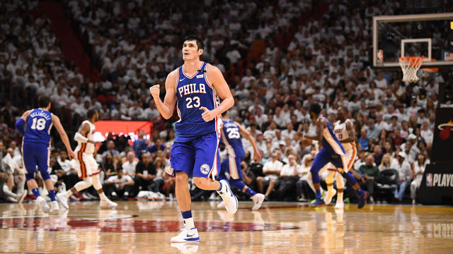 MIAMI, FL - APRIL 21: Ersan Ilyasova #23 of the Philadelphia 76ers reacts to scoring in the fourth quarter against the Miami Heat during Game Four of Round One of the 2018 NBA Playoffs at American Airlines Arena on April 21, 2018 in Miami, Florida.