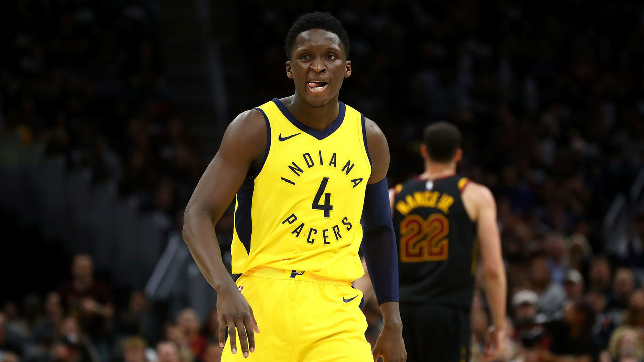 CLEVELAND, OH - APRIL 15: Victor Oladipo #4 of the Indiana Pacers reacts to a fourth quarter three point basket while playing the Cleveland Cavaliers in Game One of the Eastern Conference Quarterfinals during the 2018 NBA Playoffs at Quicken Loans Arena on April 15, 2018 in Cleveland, Ohio. Indiana won the game 98-80 to take a 1-0 series lead.