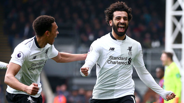 LONDON, ENGLAND - MARCH 31: Mohamed Salah of Liverpool celebrates after scoring his sides second goal during the Premier League match between Crystal Palace and Liverpool at Selhurst Park on March 31, 2018 in London, England.