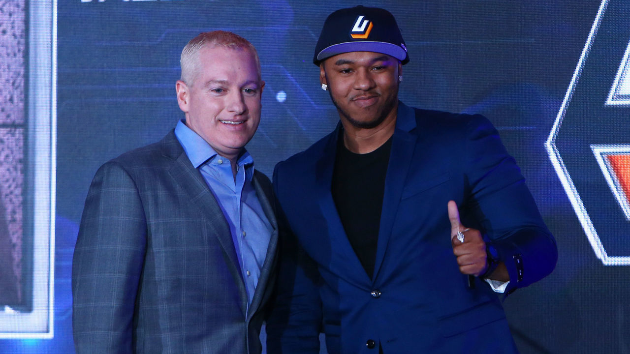 NEW YORK, NY - APRIL 04: Shaka Browne (Yeah I Compete) poses for a photo with NBA 2K League Managing Director Brendan Donohue after being drafted #3 in the first round by Jazz Gaming during NBA 2K League Draft at Madison Square Garden on April 4, 2018 in New York City.