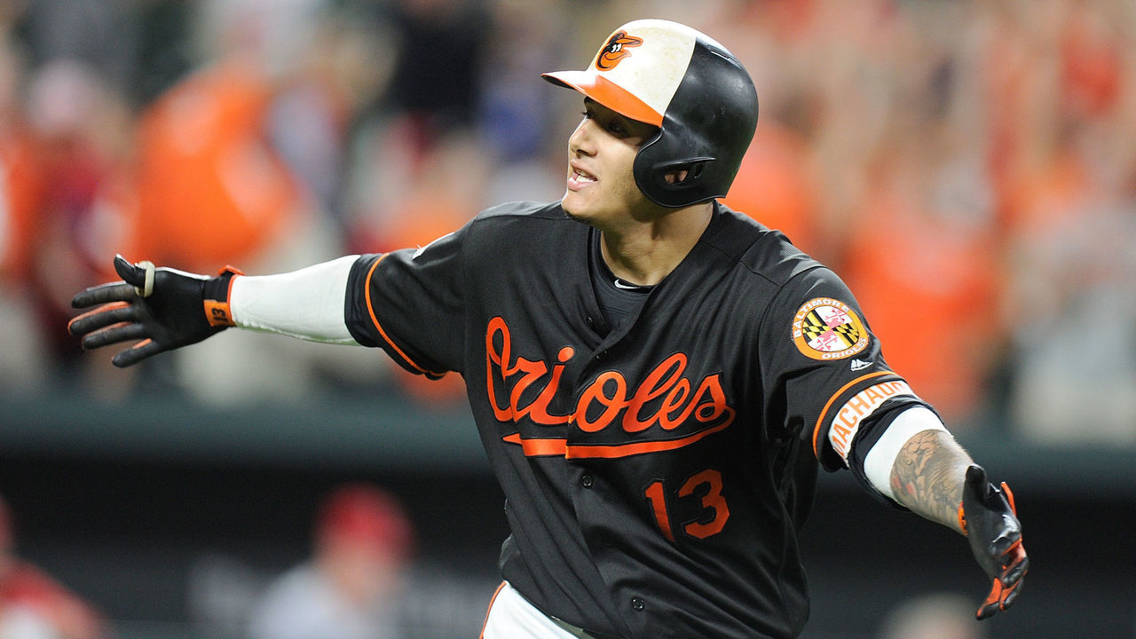 BALTIMORE, MD - AUGUST 18: Manny Machado #13 of the Baltimore Orioles celebrates after hitting the game winning grand slam in the ninth inning against the Los Angeles Angels at Oriole Park at Camden Yards on August 18, 2017 in Baltimore, Maryland. Baltimore won the game 9-7.
