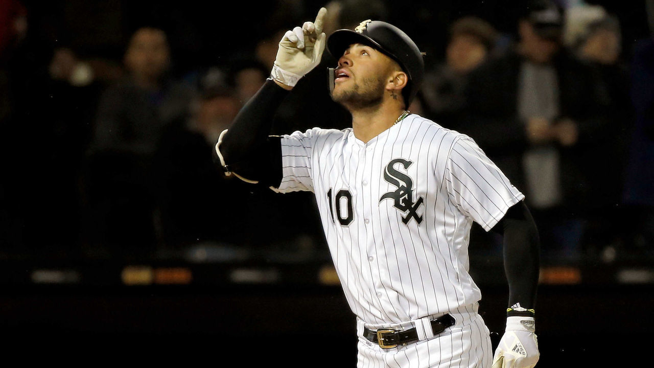 CHICAGO, IL - APRIL 23: Yoan Moncada #10 of the Chicago White Sox reacts by pointing to the sky after hitting a home run against the Seattle Mariners during the fourth inning at Guaranteed Rate Field on April 23, 2018 in Chicago, Illinois.
