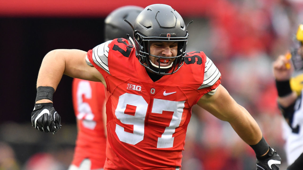 COLUMBUS, OH - NOVEMBER 26: Nick Bosa #97 of the Ohio State Buckeyes celebrates a sack against the Michigan Wolverines at Ohio Stadium on November 26, 2016 in Columbus, Ohio.