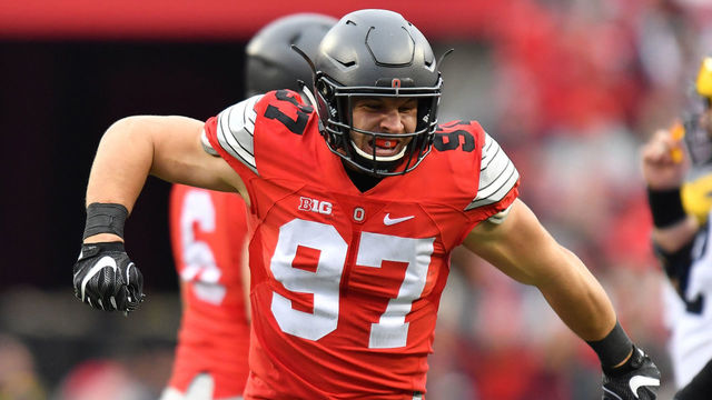 COLUMBUS, OH - NOVEMBER 26: Nick Bosa #97 of the Ohio State Buckeyes celebrates a sack against the Michigan Wolverines at Ohio Stadium on November 26, 2016 in Columbus, Ohio.