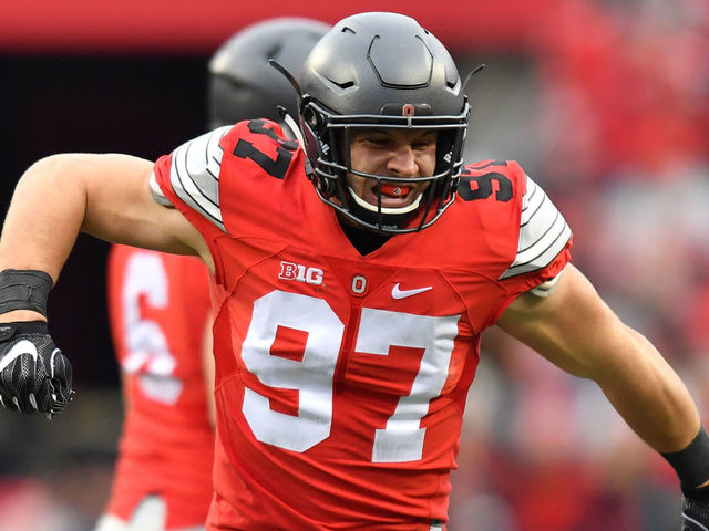 COLUMBUS, OH - NOVEMBER 26: Nick Bosa #97 of the Ohio State Buckeyes celebrates a sack against the Michigan Wolverines at Ohio Stadium on November 26, 2016 in Columbus, Ohio.