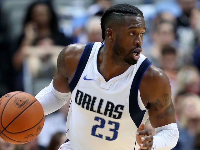 DALLAS, TX - OCTOBER 20: Wesley Matthews #23 of the Dallas Mavericks dribbles the ball down the court against the Sacramento Kings in the second half at American Airlines Center on October 20, 2017 in Dallas, Texas.