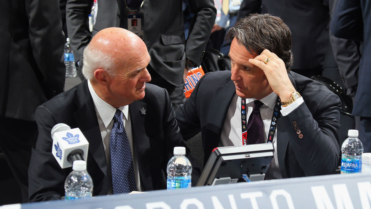 CHICAGO, IL - JUNE 23: (L-R) Lou Lamoriello and Brendan Shanahan of the Toronto Maple Leafs attend the 2017 NHL Draft at the United Center on June 23, 2017 in Chicago, Illinois.