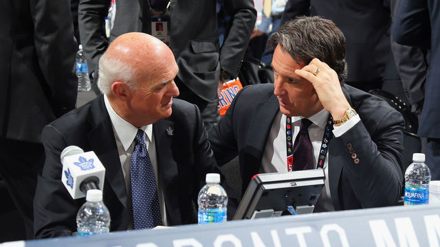 CHICAGO, IL - JUNE 23: (L-R) Lou Lamoriello and Brendan Shanahan of the Toronto Maple Leafs attend the 2017 NHL Draft at the United Center on June 23, 2017 in Chicago, Illinois.