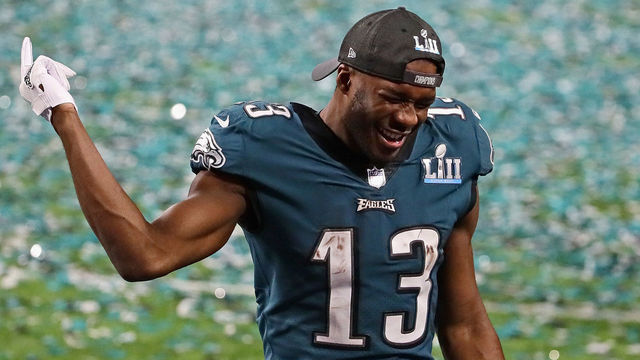 MINNEAPOLIS, MN - FEBRUARY 04: Nelson Agholor #13 of the Philadelphia Eagles celebrates a win over the New England Patroits after Super Bowl Lll at U.S. Bank Stadium on February 4, 2018 in Minneapolis, Minnesota. The Eagles defeated the Patriots 41-33.