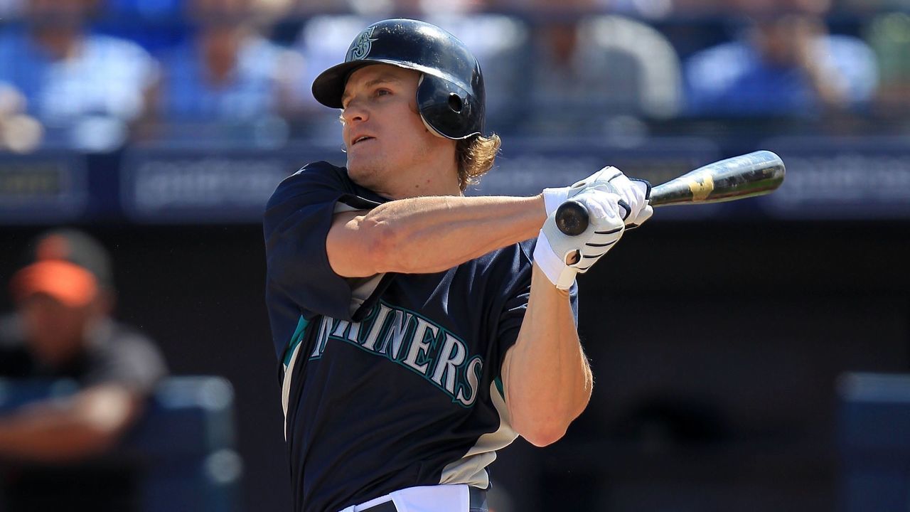 PEORIA, AZ - MARCH 03: Eric Byrnes #1 of the Seattle Mariners at bat against the San Francisco Giants during a spring training game at Peoria Sports Complex on March 3, 2010 in Peoria, Arizona.