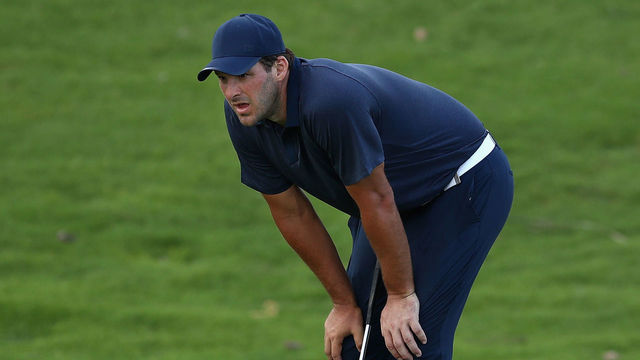 PUNTA CANA, DOMINICAN REPUBLIC - MARCH 23: Former NFL Player and amateur Tony Romo lines up a putt on the seventh green during round two of the Corales Puntacana Resort & Club Championship on March 23, 2018 in Punta Cana, Dominican Republic.