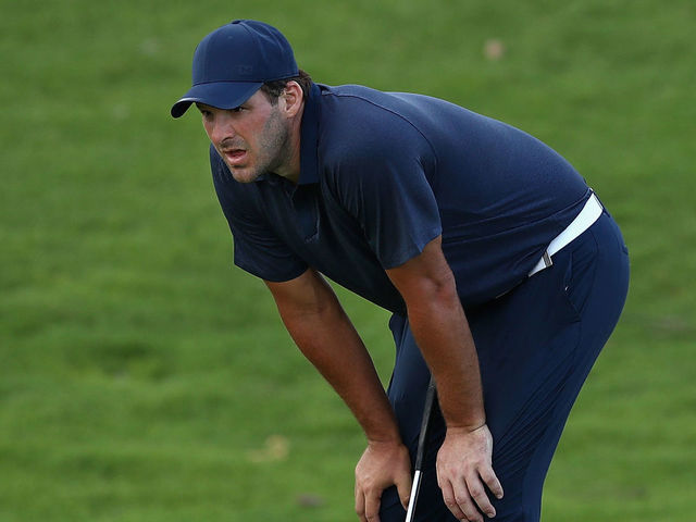 PUNTA CANA, DOMINICAN REPUBLIC - MARCH 23: Former NFL Player and amateur Tony Romo lines up a putt on the seventh green during round two of the Corales Puntacana Resort & Club Championship on March 23, 2018 in Punta Cana, Dominican Republic.