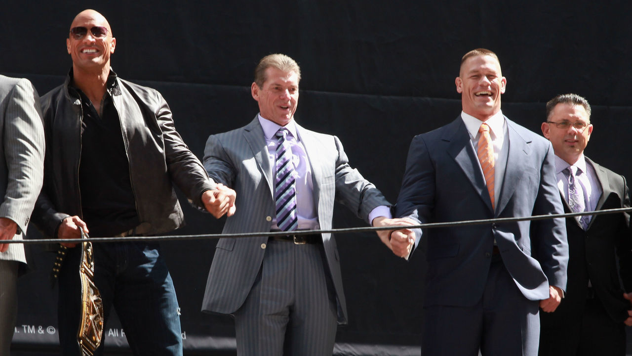 NEW YORK, NY - APRIL 04: The Rock, Vince McMahon, John Cena, and Michael Cole attend the WrestleMania 29 Press Conference at Radio City Music Hall on April 4, 2013 in New York City.